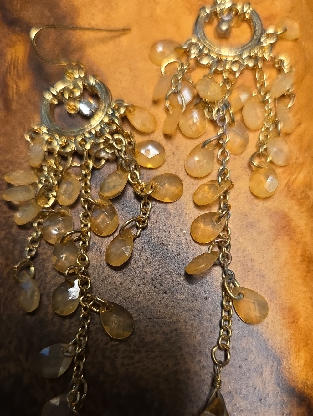 Gold-Tone Dangle Earrings with Pale Yellow Teardrop Beads